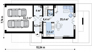 Проект одноэтажного мансардного дома из газобетона с гаражом на два автомобиля для вытянутого участка / План 1 этажа