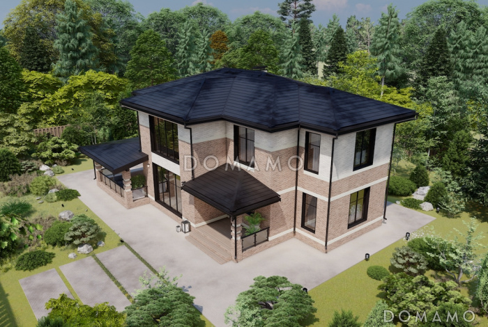 Проект дома из газобетона с 4 спальнями, кабинетом, вторым светом в гостиной и панорамными окнами