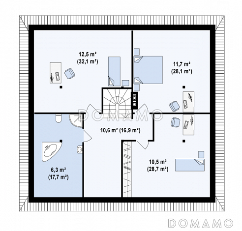 Проект большого одноэтажного мансардного дома из газобетона с тремя спальнями на каждом этаже / План мансардного этажа