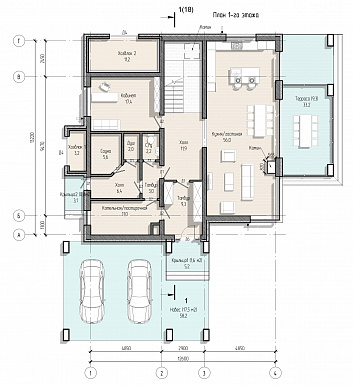 Проект просторного дома с навесом, верандой, сауной, 4 спальнями и кабинетом / План 1 этажа