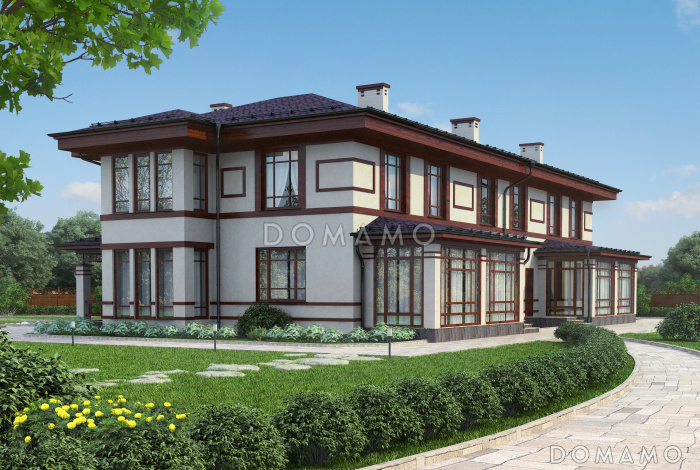 Проект двухэтажного дома на два хозяина с верандой и отдельным входом для каждой семьи