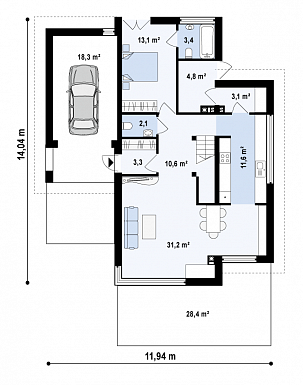 Проект современного двухэтажного дома из газобетона с четырьмя спальнями и пристроенным гаражом / План 1 этажа