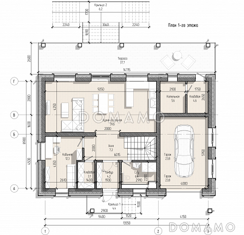 Проект загородного дома с террасой, гаражом, кабинетом, двумя детскими / План 1 этажа