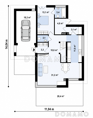 Проект современного двухэтажного дома из газобетона с четырьмя спальнями и пристроенным гаражом / План 1 этажа