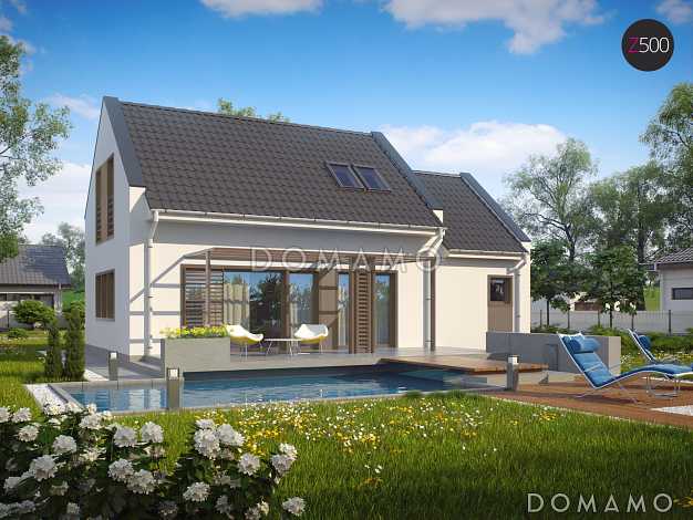 Проект одноэтажного дома из кирпича с мансардным этажом, светлой гостиной и гаражом для автомобиля