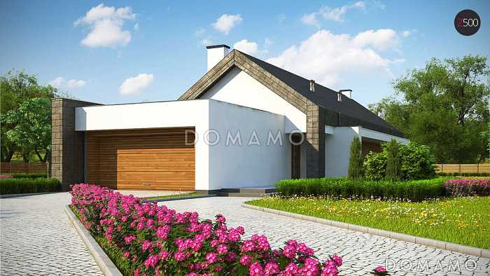 Проект современного одноэтажного дома из газобетона с тремя спальнями и пристроенным гаражом на два автомобиля