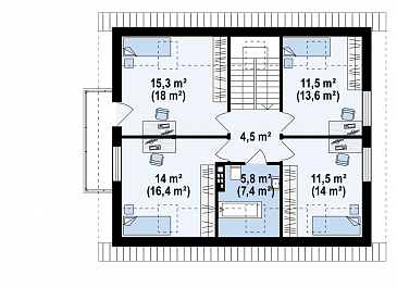 Проект одноэтажного дома из газобетона с оригинальной открытой террасой по периметру и с жилой мансардой / План мансардного этажа
