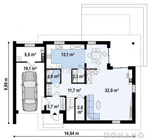 Проект одноэтажного мансардного дома из газобетона с тремя спальнями и пристроенным гаражом / План 1 этажа
