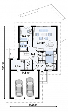 Проект дома с гаражом, постирочной, слуховыми и мансардными окнами в мансарде / План 1 этажа