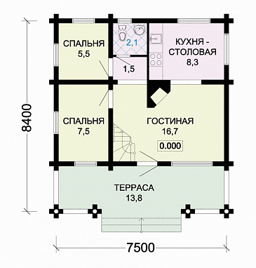 Проект небольшого деревянного дома с камином и лоджией  / План 1 этажа