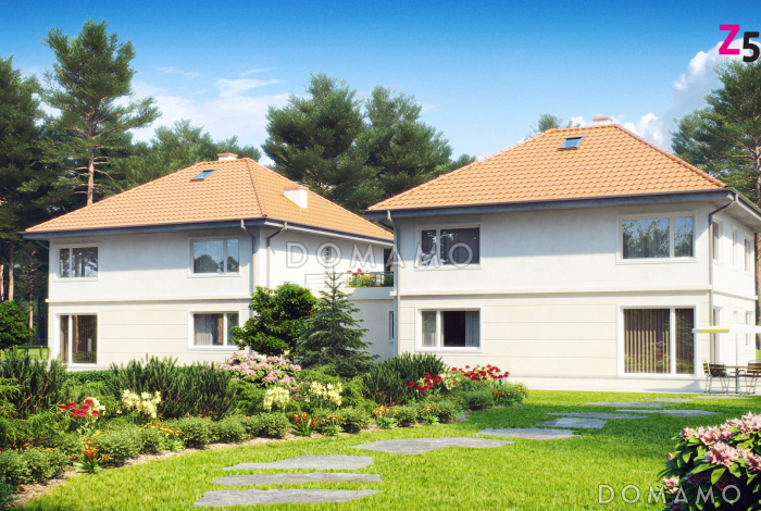 Проект двухэтажных домов-близнецов из газобетона с открытой террасой над большим гаражом 