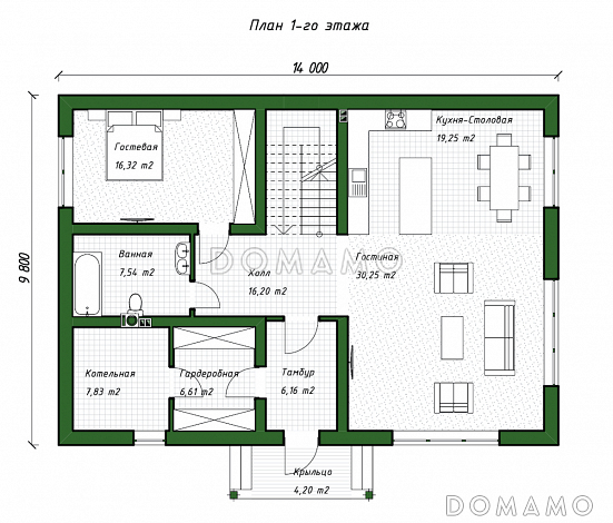 Проект дома с четырьмя спальнями, вторым светом в гостиной и гардеробными на обоих этажах / План 1 этажа