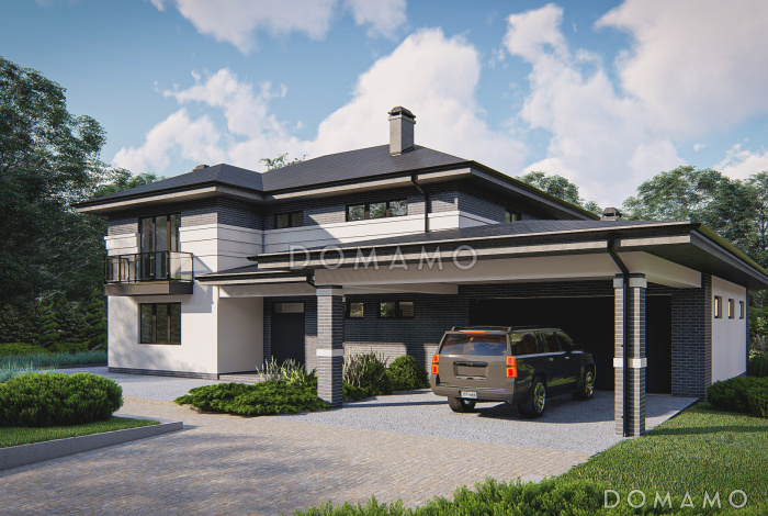 Проект загородного дома с гаражом и навесом, гостиной с эркером, большой прихожей