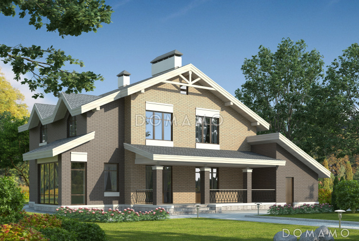 Проект двухэтажного дома с гаражом и небольшой сауной