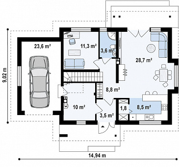 Проект классического мансардного дома из газобетона с кабинетом и большим техническим помещением и гаражом / План 1 этажа