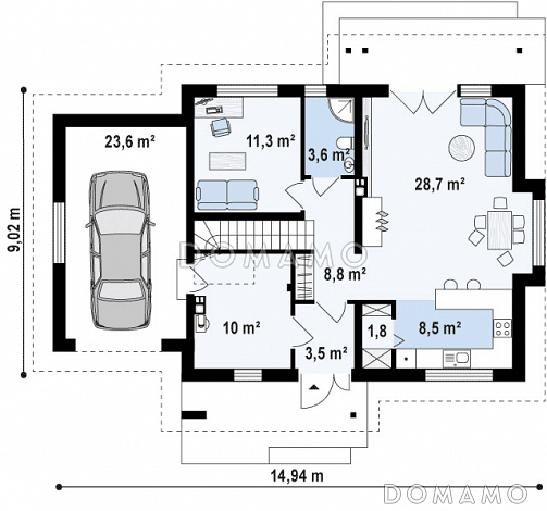 Проект классического мансардного дома из газобетона с кабинетом и большим техническим помещением и гаражом / План 1 этажа