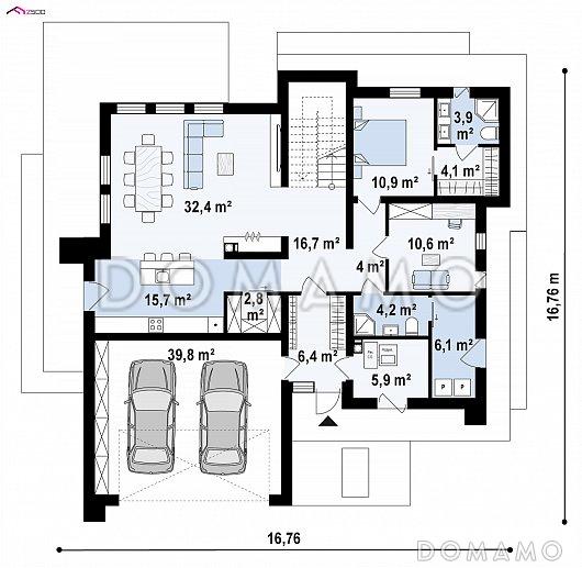 Проект современного двухэтажного дома из газобетона с плоской крышей, со вторым светом, террасами на двух уровнях и гаражом / План 1 этажа