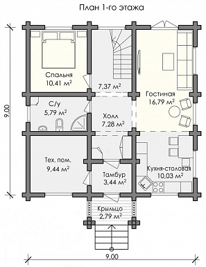 Проект деревянного дома стандартной планировки / План 1 этажа