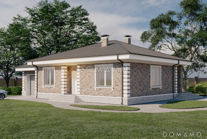 Проект одноэтажного кирпичного дома с тремя спальнями, гаражом и террасой