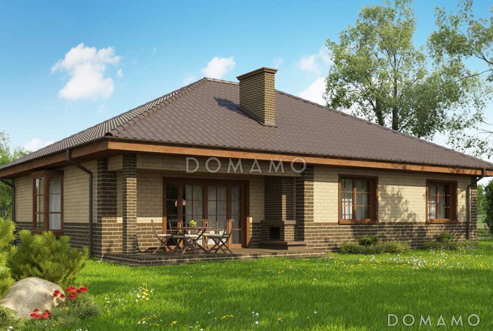 Проект одноэтажного дома из газобетона с облицовкой кирпичом с зоной барбекю на террасе 