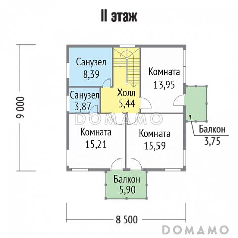 Проект каркасного дома с двумя небольшими балконами на втором этаже / План 2 этажа