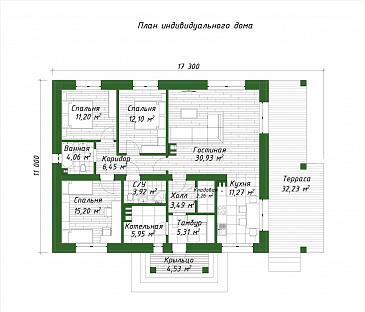 Проект дома из газобетона с большой гостиной, камином и 3 спальнями / План 1 этажа