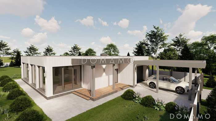 Проект одноэтажного дома с мастер-спальней, двумя детскими, гаражом, навесом и верандой