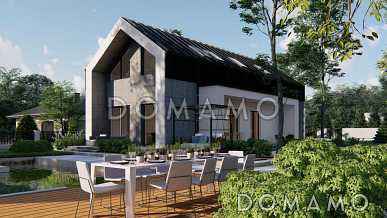 Проект загородного дома с комнатой и гардеробом на первом этаже, тремя спальнями на мансарде, просторной обеденной зоной