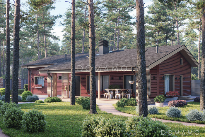 Проект одноэтажного дома с большой террасой, 4 спальнями и сауной