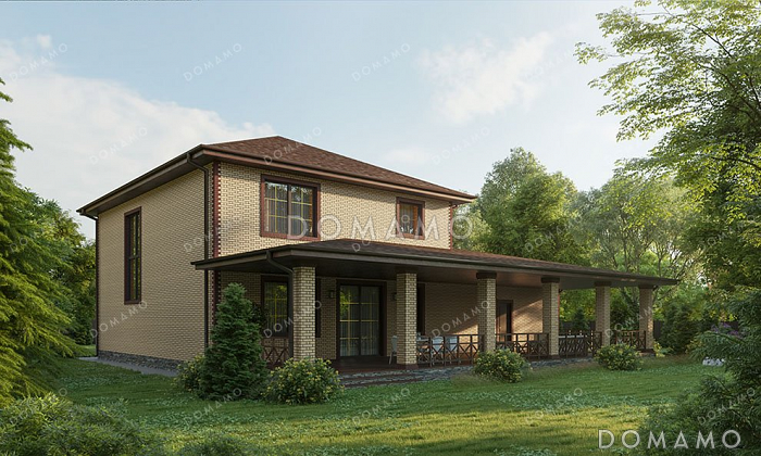 Проект двухэтажного дома с большой террасой и гаражом