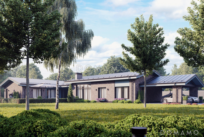 Проект Г-образного дома из газобетона с закрытой террасой, навесом, мастер-спальней, гостевой и детской