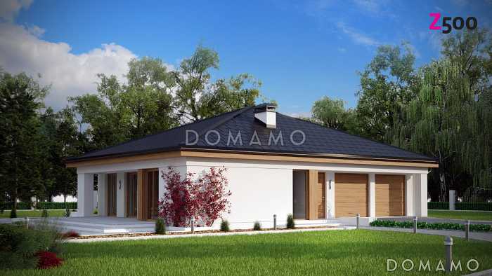 Проект квадратного одноэтажного дома из газобетона с четырьмя комнатами и гаражом для большой семьи