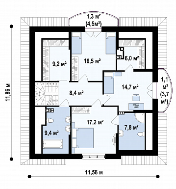 Проект загородного дома с цокольным этажом, камином на террасе, просторной гостиной, кладовой в кухне / План мансардного этажа