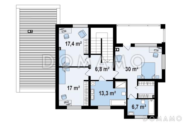 Проект просторного современного двухэтажного дома из кирпича с тремя спальнями, кабинетом, гаражом и сауной / План 2 этажа