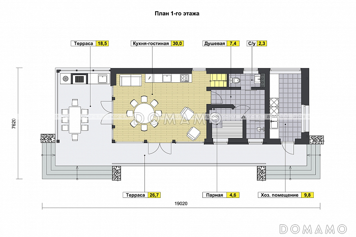 Проект дома с одной спальней на втором этаже, парной, душевой и крытой террасой с барбекю / План 1 этажа