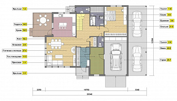 Проект дома из кирпича с местом для трех авто / План 1 этажа