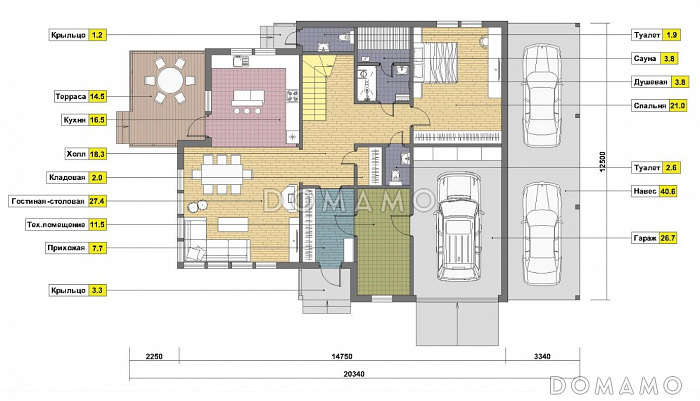 Проект дома из кирпича с местом для трех авто / План 1 этажа