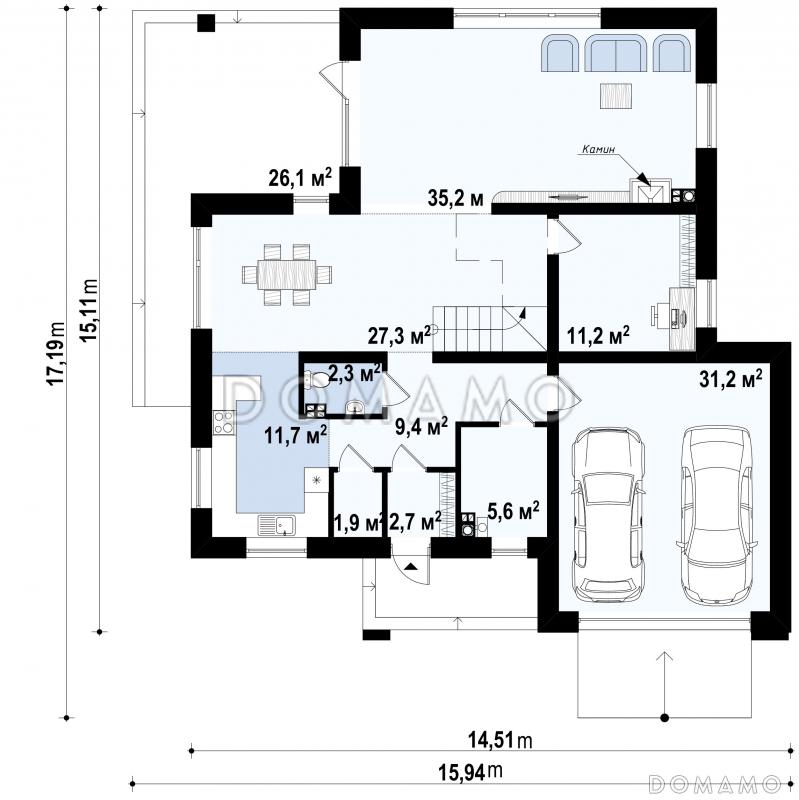 Проект просторного двухэтажного дома из газобетона со встроенным гаражом и двумя террасами на обоих уровнях / План 1 этажа