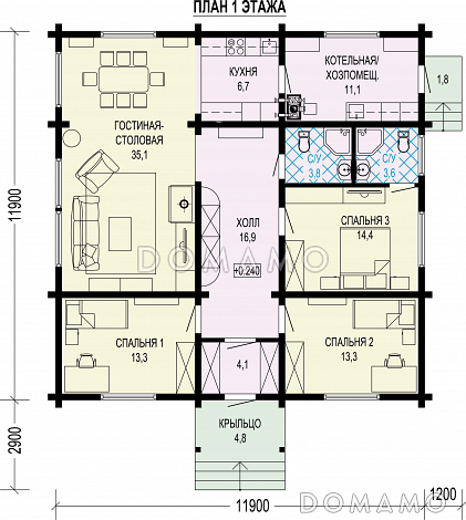 Проект дома с тремя спальнями, просторной гостиной-столовой и большим хозблоком / План 1 этажа