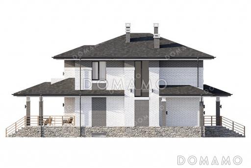 Проект большого двухэтажного дома в стиле Райт с подвалом, большой крытой террасой и балконом на втором этаже / Фасад 3