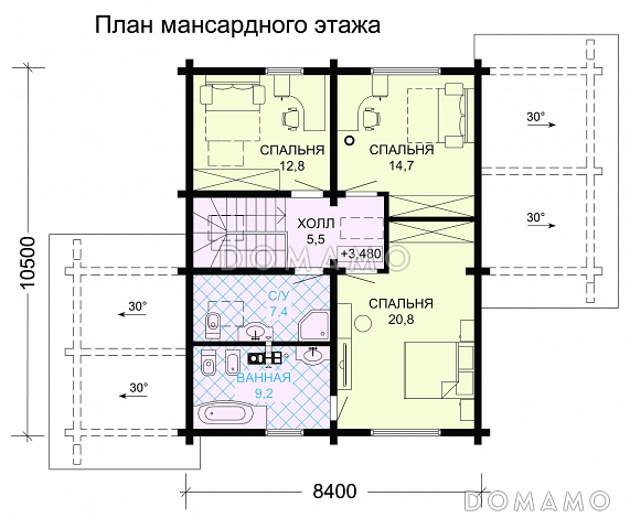 Проект современного дома из бруса в насыщенно-вишневом цвете с крытой террасой / План мансардного этажа