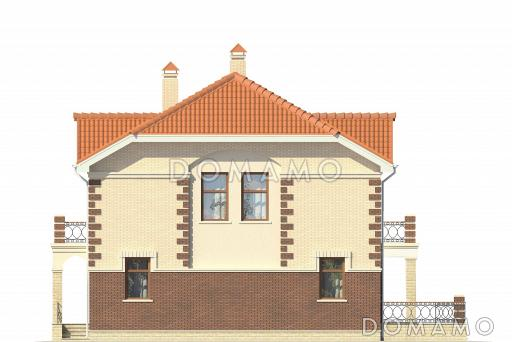 Двухэтажный дом с открытой большой террасой, тремя балконами, эркером / Фасад 2