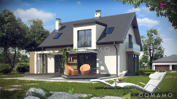 Проект одноэтажного мансардного дома из кирпича с остеклённым прямоугольным эркером, панорамными окнами на мансарде и гаражом