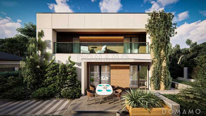 Проект современного двухэтажного дома с гаражом, кладовой, хозяйской спальней