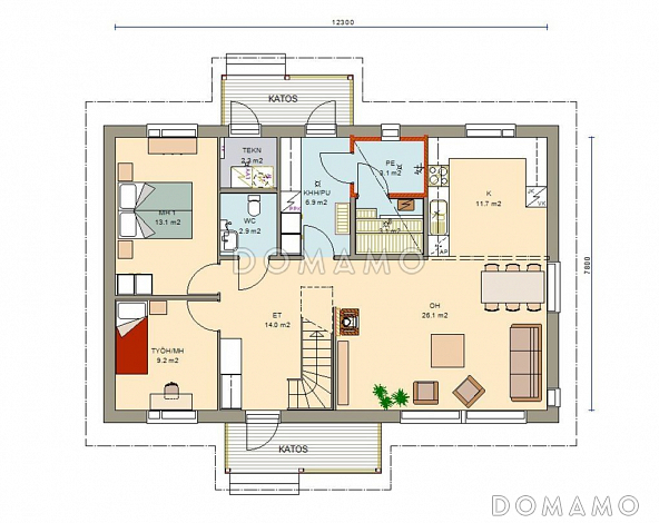 Проект каркасного дома с тремя спальнями на мансардном этаже / План 1 этажа