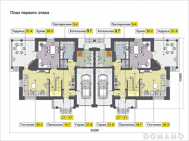 Загородный дом для большой семьи с функциональной планировкой, гаражом, барбекю на террасе / План 1 этажа