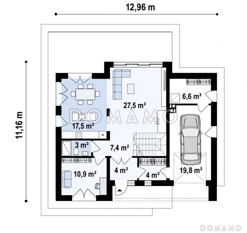 Проект мансардного дома с гаражом, панорамным остеклением, просторной кухонной зоной, прачечной / План 1 этажа