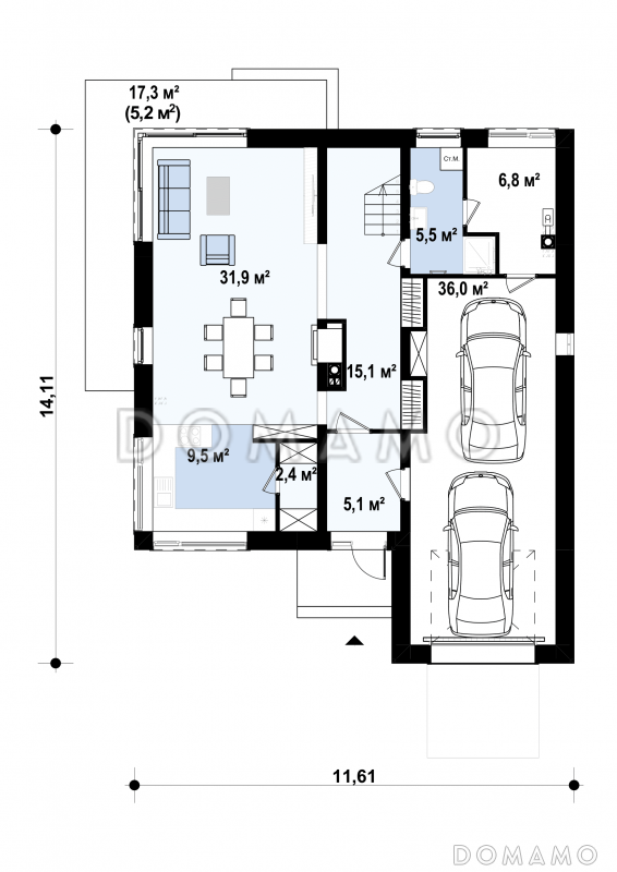 Проект двухэтажного дома из кирпича с четырьмя спальнями и удлинённым двухместным гаражом / План 1 этажа