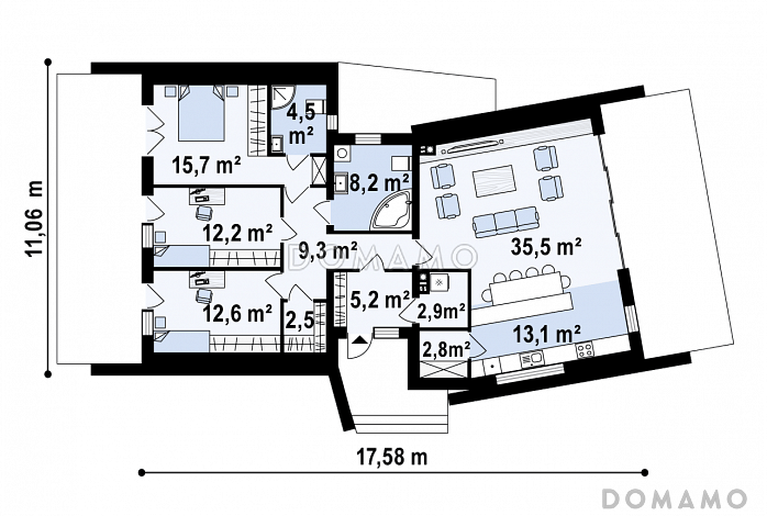 Проект современного одноэтажного дома из газобетона необычного дизайна с плоской крышей и с тремя спальнями / План 1 этажа