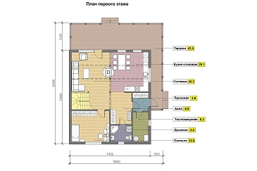 Проект дома из газобетона с двусветной гостиной, крытой террасой и островным камином / План 1 этажа